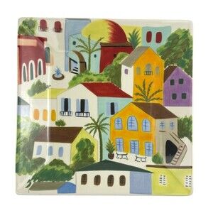 VTG Pier 1 One Villa del Sol Hand-Painted Square Plate Vibrant Village Folk Art